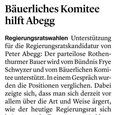 Medienberichte: Bäuerliches Komitee hilft Peter Abegg